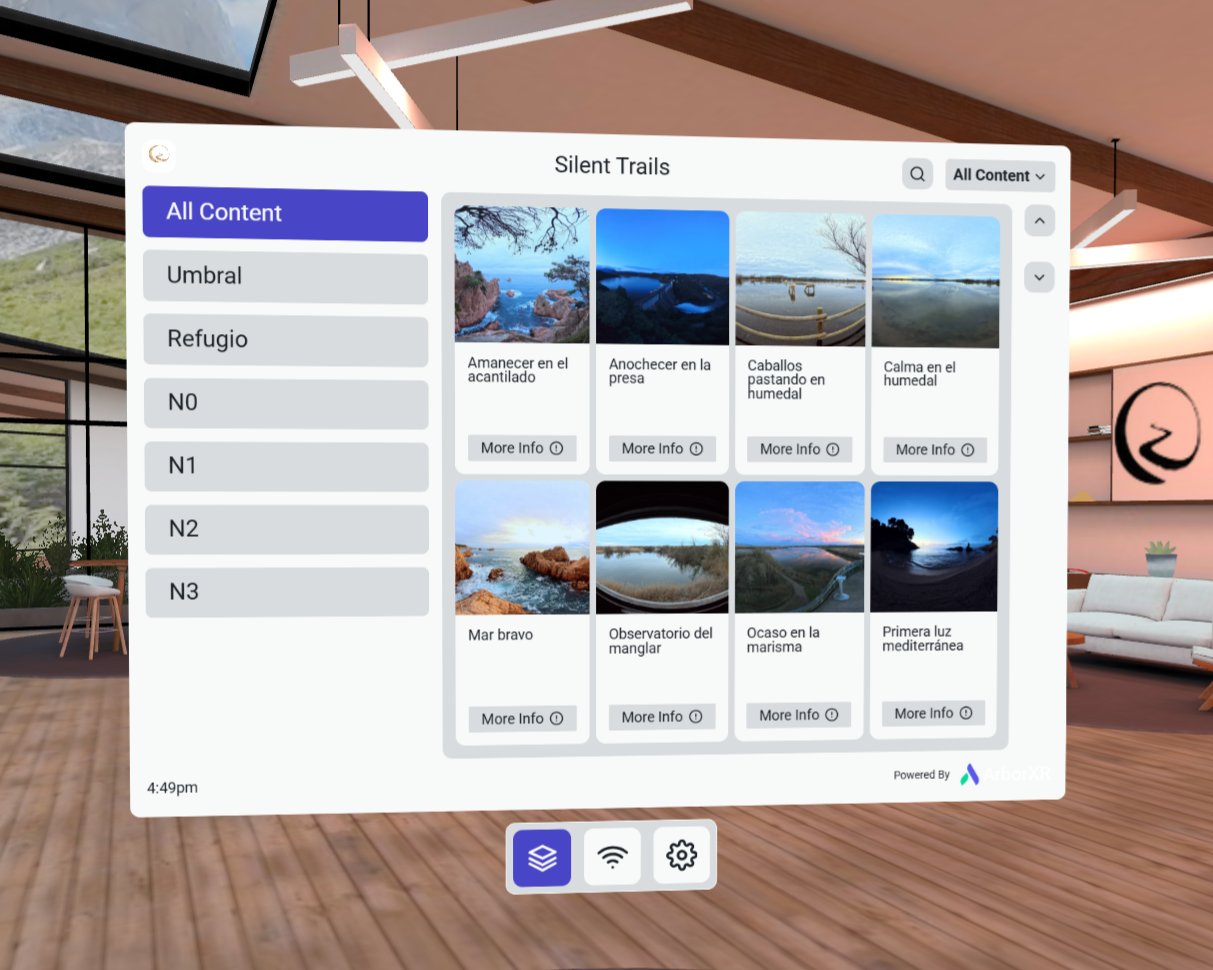 Interfaz de Silent Trails dentro del visor VR — menú de experiencias con miniaturas y filtros por nivel de activación