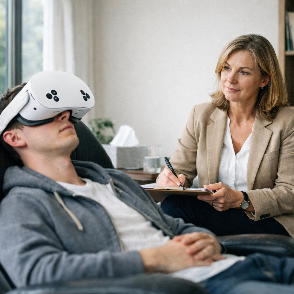 Terapeuta tomando notas mientras paciente joven usa visor VR en consulta