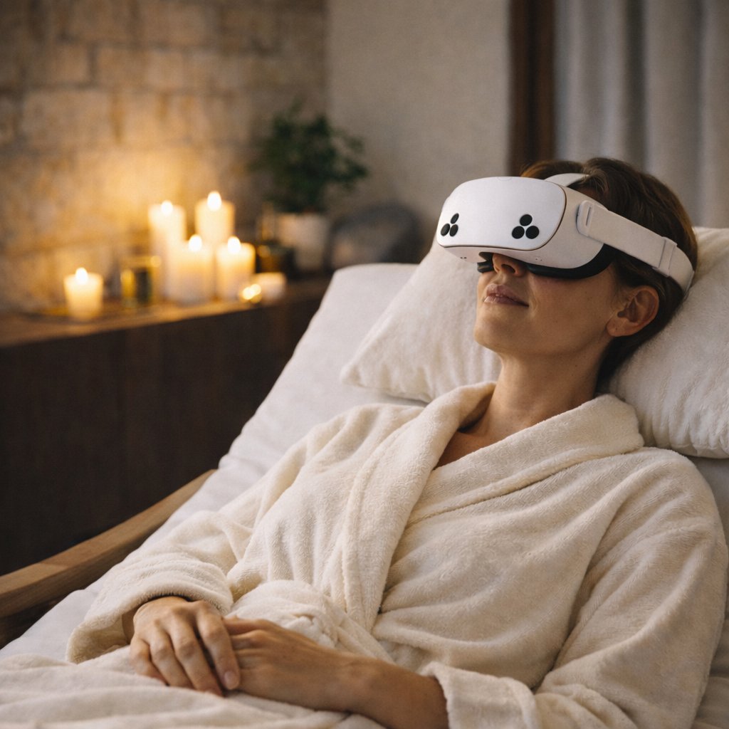 Clienta con visor VR recostada en mesa de masaje con pétalos de rosa y velas